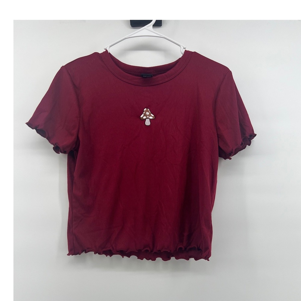 Mushroom Embroidered Top Women Burgundy Ribbed Lettuce Trim Gorpcore Nature Boho